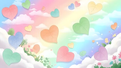 Whimsical scene featuring heart shaped leaves floating across a soft pastel rainbow sky filled with fluffy white clouds and delicate springtime blossoms below