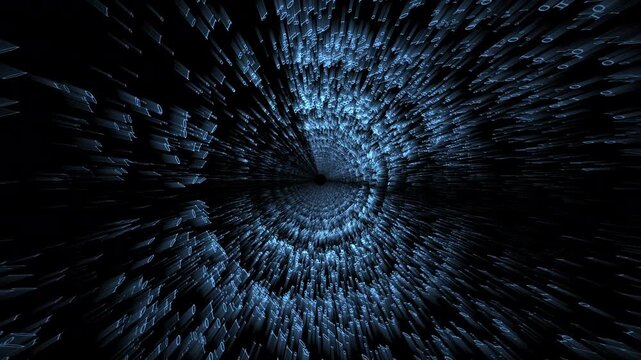Energetic display of flying binary numbers form rotating abstract tunnel circle