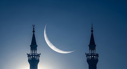 Crescent moon over mosque minarets silhouette.