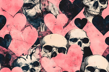 Seamless Pattern with Human Skulls and Pink Hearts in Grunge Gothic Style