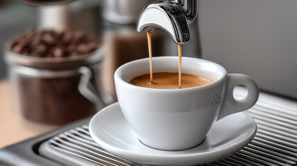 Fresh espresso brewing in white ceramic cup on metal coffee machine, rich crema and inviting aroma create cozy atmosphere