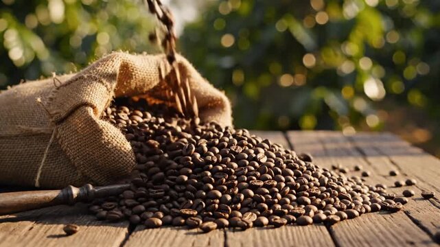 Coffee beans spilling from a burlap sack onto a wooden table in a serene outdoor setting