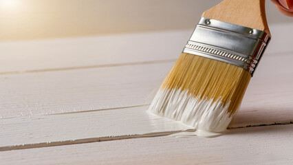A paint brush with a wooden handle and white bristles is painting a wooden surface with white paint, leaving a fresh streak of color