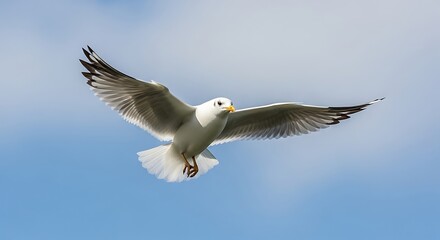 Seagull flying in clear blue sky.