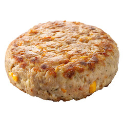 Cooked chicken or turkey burger patty with visible corn pieces, isolated on a pure transparent background