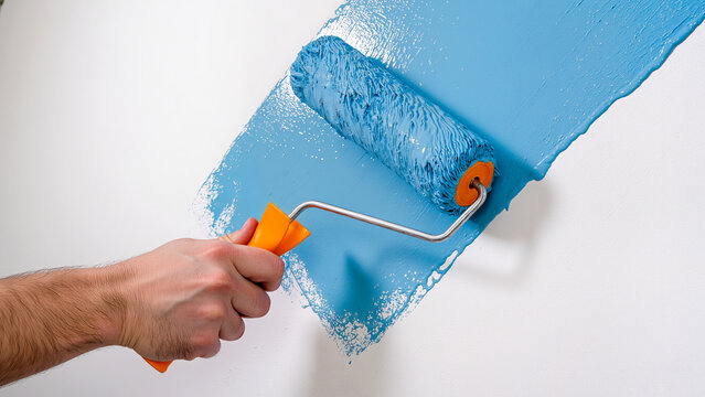 A painter's hand uses a roller to apply blue paint to a white wall, leaving a textured, rich blue swath with visible roller marks and drips - Powered by Adobe
