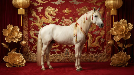 Majestic white horse standing in front of red backdrop with golden dragons and peonies symbolizing chinese new year 2026 year of the horse