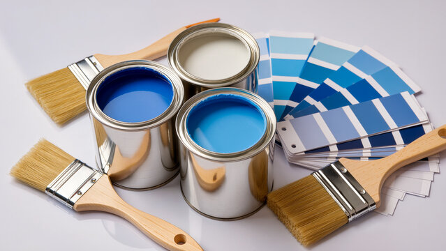Three open paint cans (dark blue, light blue, white), brushes, and a blue color swatch palette on a white background