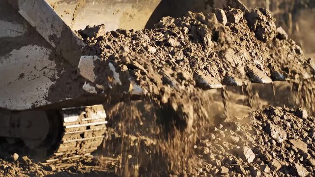 Excavator bucket dumping dark soil on a construction site photography
