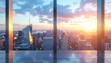 ソフトフォーカスのぼやけたイメージ画像　モダンなオフィスの窓から見たオフィスビル群の風景　太陽の光が射し込むオフィス　高層ビルのシルエット
