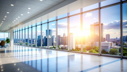 ソフトフォーカスのぼやけたイメージ画像　モダンなオフィスの窓から見たオフィスビル群の風景　太陽の光が射し込むオフィス　高層ビルのシルエット