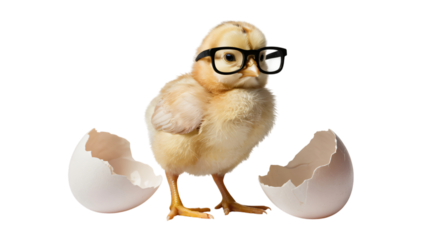Cute chick wearing glasses standing by broken eggshells