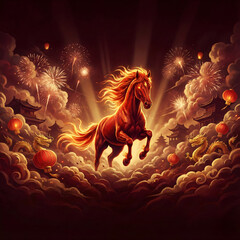Majestic red fire horse galloping through clouds with fireworks and lanterns for chinese new year 2026 celebration background