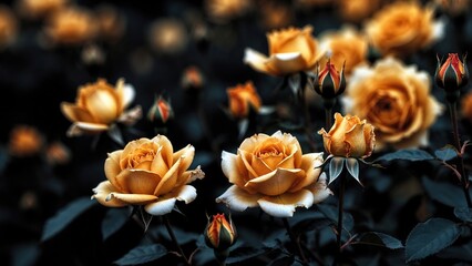 Lush yellow and orange roses blooming in a vibrant garden with dark bokeh