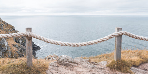 Obraz premium View of sea from cliff with rope barrier at a coastal location during cloudy weather in the afternoon