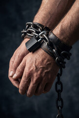 Man Hands Bound With Chains, Captivity and Restriction Concept on Dark Background