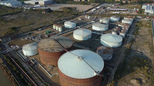 Aerial Drone Shot of Purfleet Industrial Port With Freight Shipping, Silos, Warehouses and River Thames Logistics UK