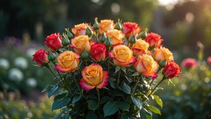 Vibrant orange and red roses blooming in a lush garden with warm light