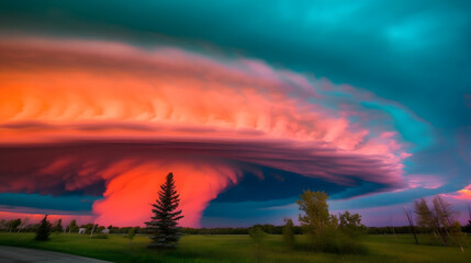 Fototapeta premium Massive colorful tornado with orange, pink, and teal swirling clouds