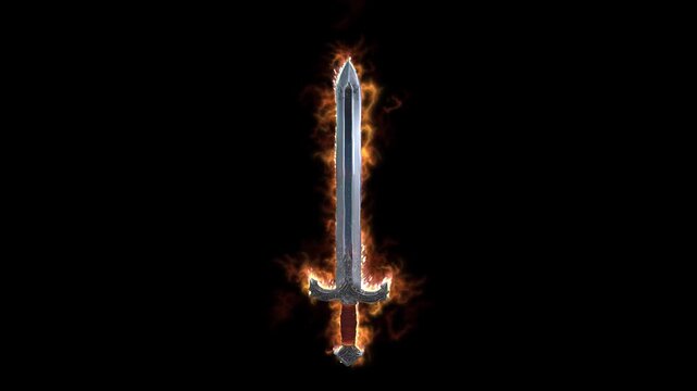 Highly detailed 3D fantasy sword design 02 with an ornate blade, glowing core, and fiery flame effects surrounding the weapon on a dark background. Ideal for fantasy games, and epic VFX projects.