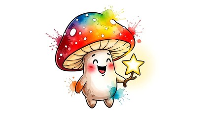 Whimsical cartoon mushroom character smiling happily.