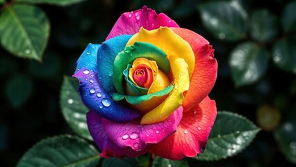 Vibrant rainbow rose with glistening water droplets on dark green leaves