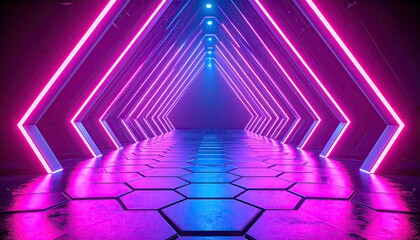 Futuristic tunnel bathed in neon pink and blue light