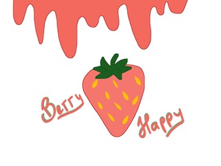 Strawberry illustration with dripping pink topping and handwritten &ldquo;Berry Happy&rdquo; text. Playful, sweet, and minimal design, perfect for kids projects, stationery, stickers or other