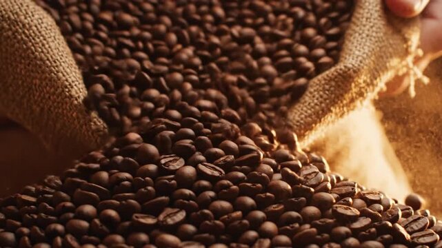 Coffee beans spilling from burlap sack onto a pile of coffee beans