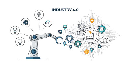 Industrial robotic arm interacting with digital icons representing Industry 4.0 concepts in a futuristic environment from a modern viewpoint