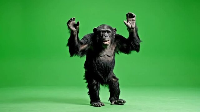 Playful chimpanzee dancing with joyful expression on green background