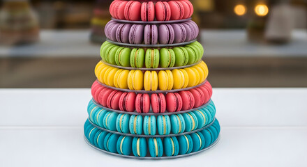 Colorful macarons stacked in a tower on a table