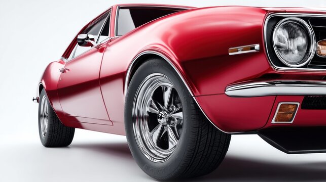 Striking low-angle shot of a vintage red muscle car, showing off its chrome wheels and sleek design.