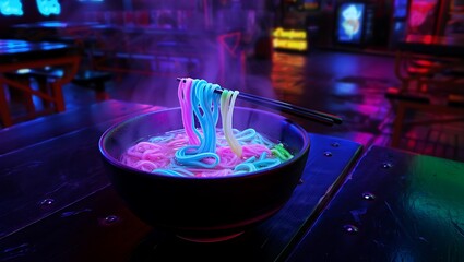 Colorful neon noodles in a black bowl at a vibrant dining establishment