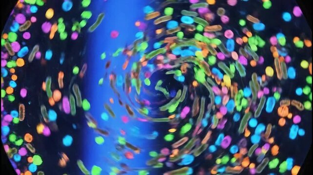 Microscopic close-up reveals vibrant bacteria swirling gracefully in liquid, glowing under light, showcasing the dynamic beauty and complexity of microbial life in a fluid ecosystem