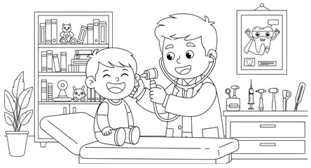 Illustration of a cheerful boy receiving a check-up from a friendly doctor in a colorful clinic, surrounded by toys and medical equipment, emphasizing care and health