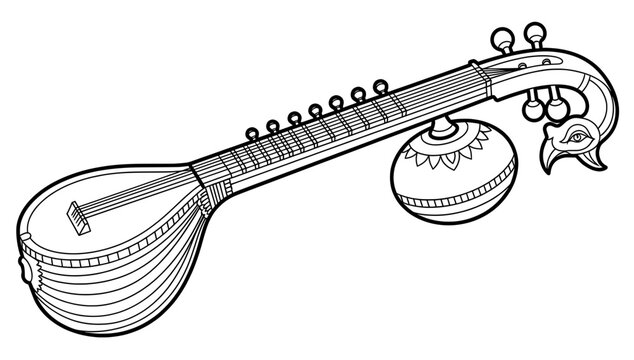 Traditional string instrument illustration featuring intricate details, showcasing a beautifully designed body and peacock-shaped head, representing cultural heritage and musical artistry