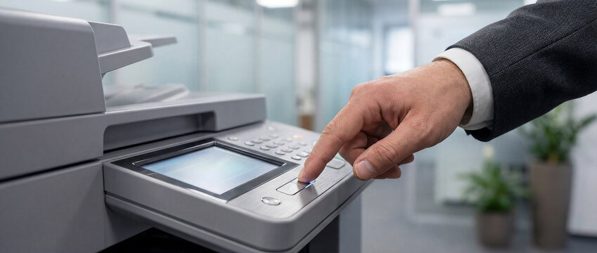 Businessman Pressing Printer Control Panel Button for Office Copy Scan Print Task