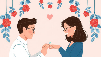 A romantic moment as a man proposes to a happy woman with an engagement ring