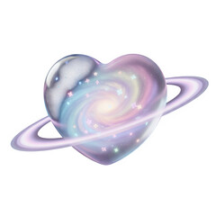 3D Pastel Galaxy Heart Planet with Saturn Rings and Sparkles.