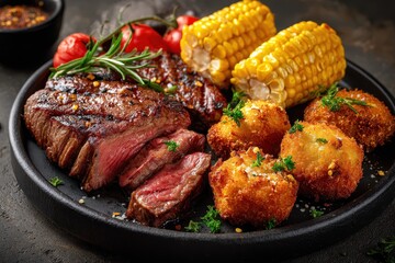 Delicious mix platter featuring tender beef ribs, cutlets, and grilled corn served on a rustic black plate