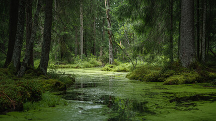 Obraz premium Dark and mysterious swamp forest with stagnant green water covered in duckweed, lush mossy trees in a wild wetland.