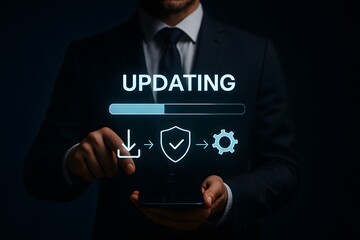 Businessman managing secure software updating process on smartphone screen