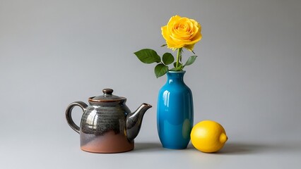 Still life with teapot, rose, and lemon.