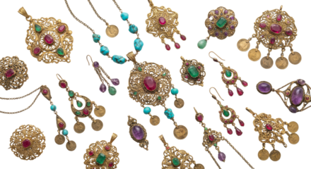 Vintage Oriental Jewelry Collection: Gemstones, Gold Filigree, Coins, Earrings, Pendants