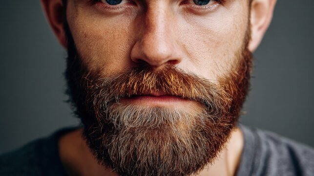 Close-up of a bearded man's face with striking blue eyes and a serious expression.