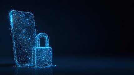 The image showcases a cutting-edge representation of digital security with a padlock guarding a smartphone against a black backdrop. ..Created with Generative AI, not depicting real subjects.