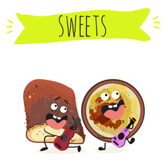 Funny Characters Turkish kazandibi,  syutlach, milk rice pudding, dessert, Eastern sweets. Hand drawn vector illustration.