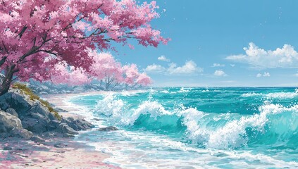 Beautiful beach scene with cherry blossoms, ocean waves under a blue sky