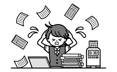 紙での勤怠管理の仕事が大変で忙しい事務の女性のシンプルな白黒イラスト